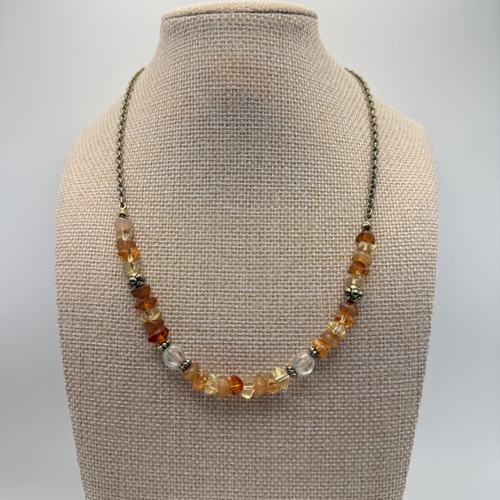 Avon Amber Citrine Chip Bead Necklace Gold Tone Textured Chain SP Tag Vintage